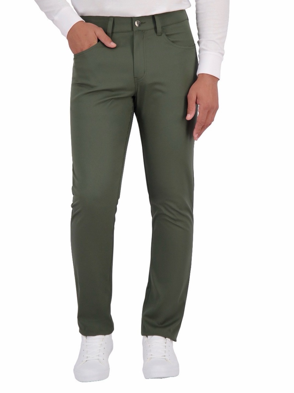 Three Pairs of Kirkland Signature 5 Men's Tan/Khaki 5 Pocket Pants; 36x34